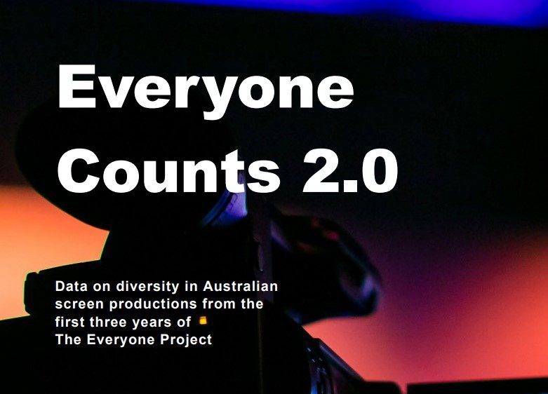 Cover image for “Everyone Counts 2.0” report on diversity in Australian screen productions, with a silhouette of a video camera against colorful lighting.